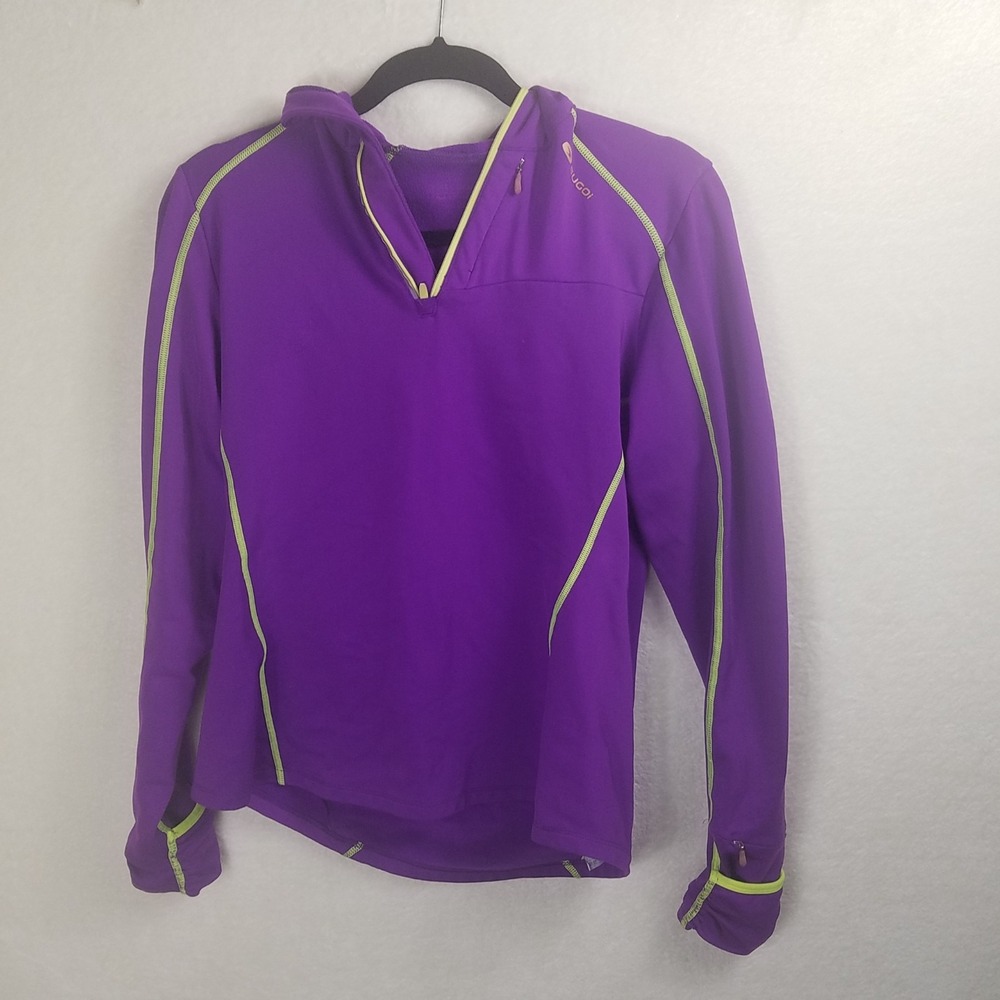 SUGOI Purple Cyclist Pullover hoodie green Women L back pocket thumb slots